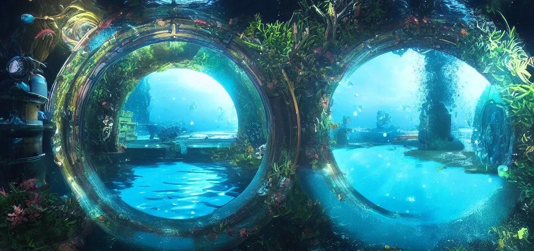 Prompt: beautiful view of an underwater glowing portal, caustics, water, dappled light, reflections, bubbles, refraction, symmetry, dramatic lighting, ultra detailed, sharp, ambient occlusion, bloom, raytracing, vibrant, vivid colors, picturesque, by dylan cole, sebastian meyer and jordan grimmer