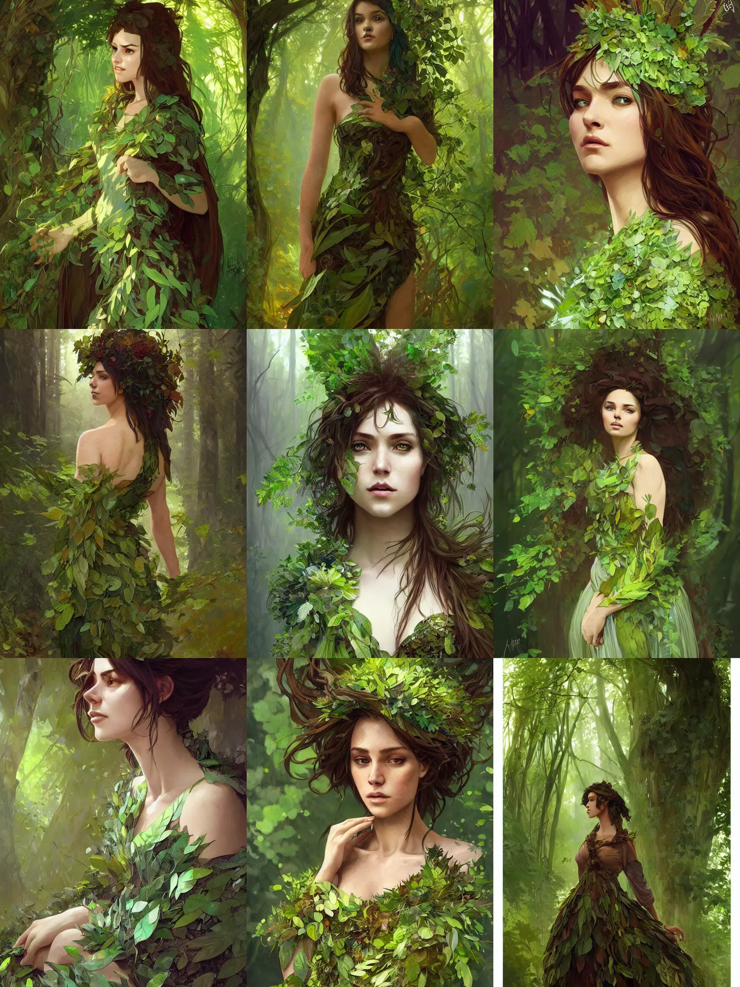 Prompt: portrait of a forest mage, female, dress made of green leaves, gorgeous, green hair, brown skin, curves, forest background, digital painting, artgerm and greg rutkowski and alphonse mucha