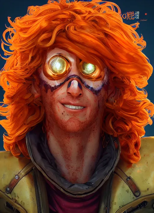 Prompt: heatwave portrait of curly orange hair man from borderlands 3, au naturel, hyper detailed, digital art, trending in artstation, cinematic lighting, studio quality, smooth render, unreal engine 5 rendered, octane rendered, art style by klimt and nixeu and ian sprigger and wlop and krenz cushart.