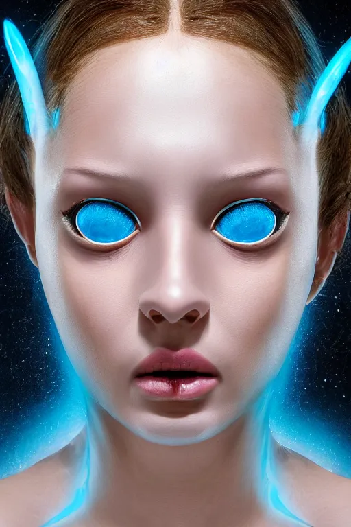 Prompt: beautiful studio portrait of an elegant blue alien woman with insect eyes, wearing an outfit made from plutonium, silicone skin, symmetrical face, piercings resembling plasma jets, by luc besson and denis villeneuve, the 5 th element, hyperrealism, cinematrographic, sharp details, 3 5 mm, f / 2 4, masterpiece, artstation