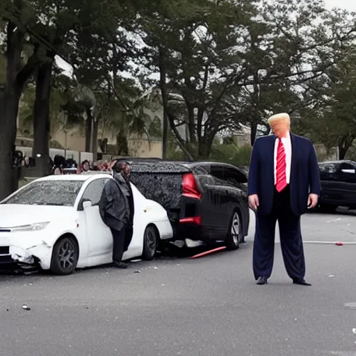 Prompt: Trump and Kanye, infront of a car crash