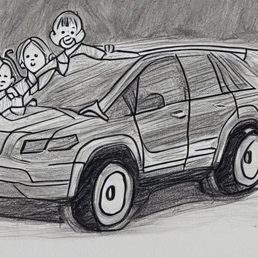 Image similar to a todler's drawing of a family and their suv