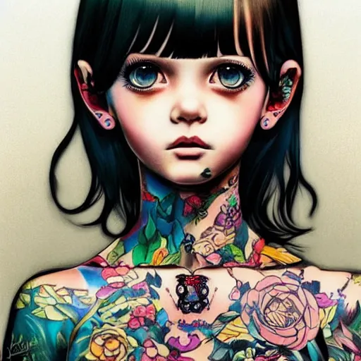 Image similar to tattooed little girl wearing an gucci's outfit. art by ilya kuvshinov, profile picture, inspired by hirohiko araki, highly detailed, 8 0 s anime art style, realistic, vogue cover