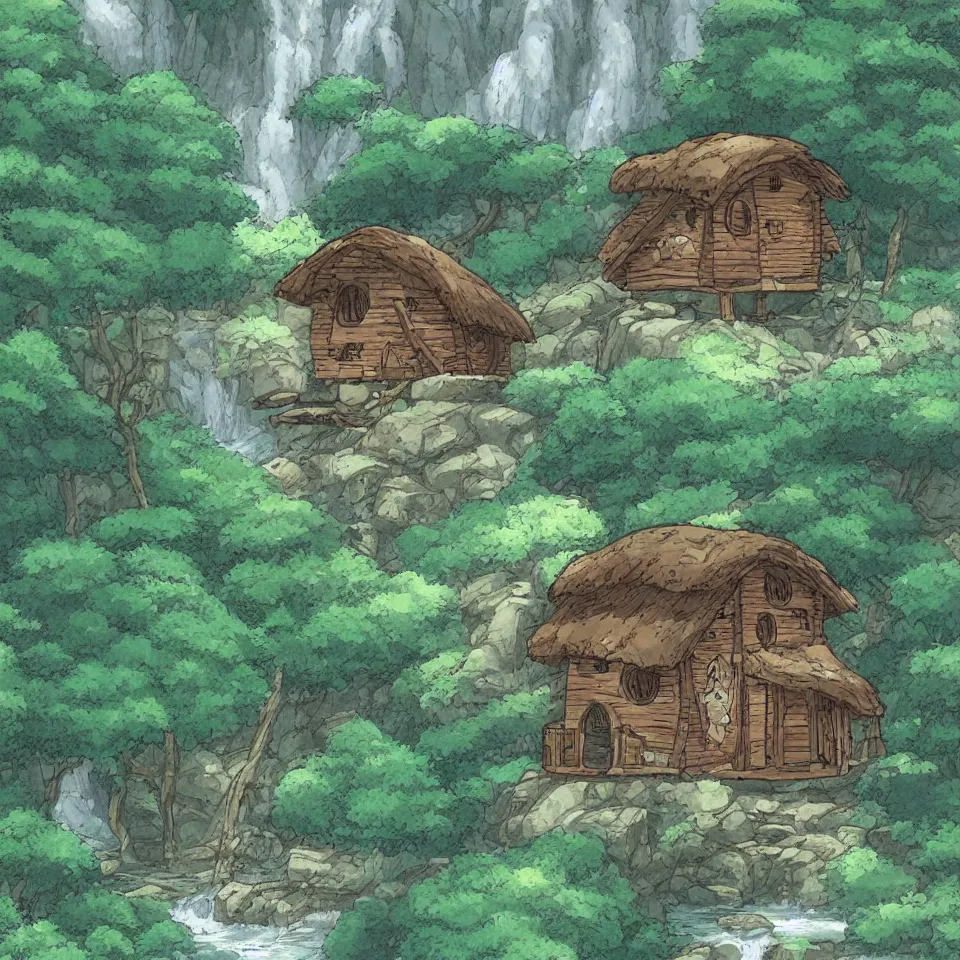 Prompt: a cozy hut near a huge waterfall, fantasy, forest, manga studio ghibli, highly detailed