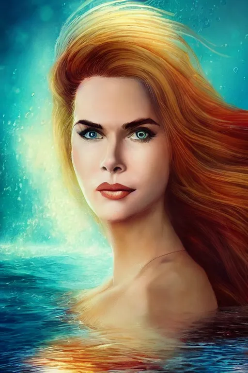 Image similar to mix of beautiful young maria shriver, mariel hemmingway, brooke shields, nicole kidman and elle macpherson as an underwater mermaid, thin lips, hair tied up in a pony tail, dark blonde hair, colorful, artstation, cgsociety