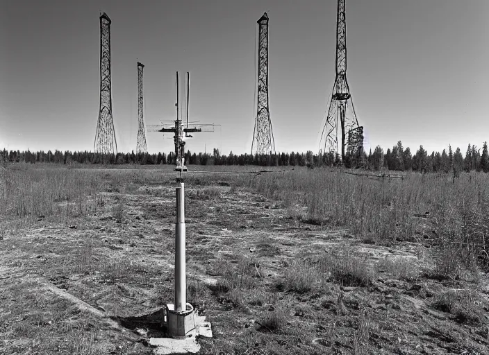 Image similar to black and white photograph with a realistic high - resolution wide - angle lens of the soviet duga - 3 antenna at chernobyl.