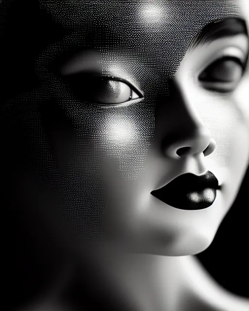 Image similar to black and white dreamy young beautiful female artificial intelligence, metropolis, cinematic, rim light, bokeh, photo - realistic, elegant, high detail, 8 k, masterpiece, photo taken in 1 9 3 0