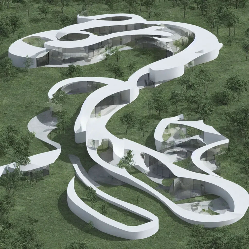 Image similar to “ a curvilinear geometric house design by online lab of architecture, highly liked architectural rendering, one point perspective ”