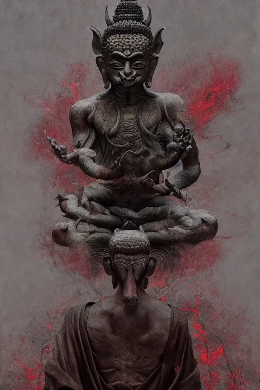 Prompt: Meditating Buddhist demon god Monk, dark fantasy, intricate, highly detailed, smooth, artstation, painted by Wayne Barlowe, Greg Rutkowski, zdislav beksinski, Francis Bacon