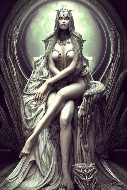 Image similar to Full Body View, Beautiful Face, The Fantasy Goddess Eris, on her Throne, by NIXEU, by HR Giger, by WLOP, by Attila Adorjany