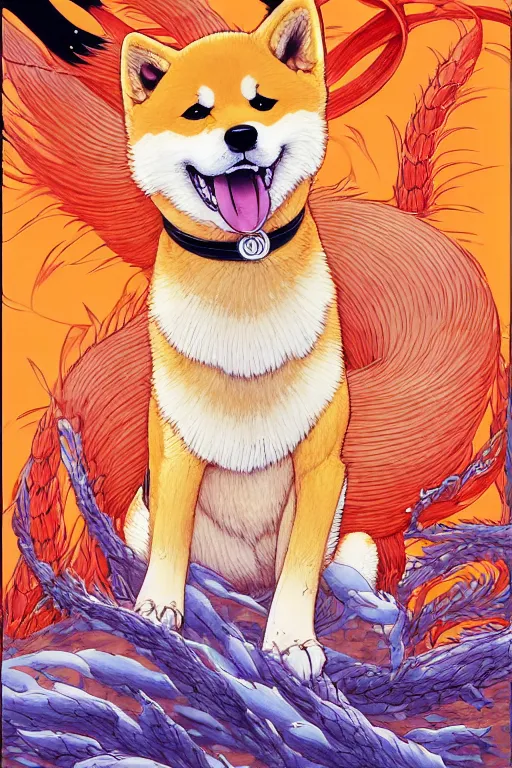 Image similar to poster of a shiba inu as a nine - tailed fox, studio ghibli aesthetic, by yoichi hatakenaka, masamune shirow, josan gonzales and dan mumford, ayami kojima, takato yamamoto, barclay shaw, karol bak, yukito kishiro