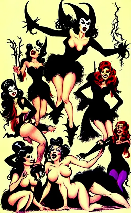 Image similar to witches sabbath, burlesque psychobilly, rockabilly, punk, white background, vector art, illustration by frank frazetta