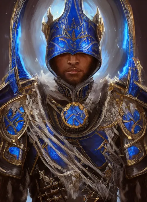 Image similar to concept art, full body portrait of king sorcerers, ornate, Blue and silver, armor, robes, Hyperrealistic, 4K, Unreal Engine, Highly Detailed, Dramatic Lighting, Beautiful