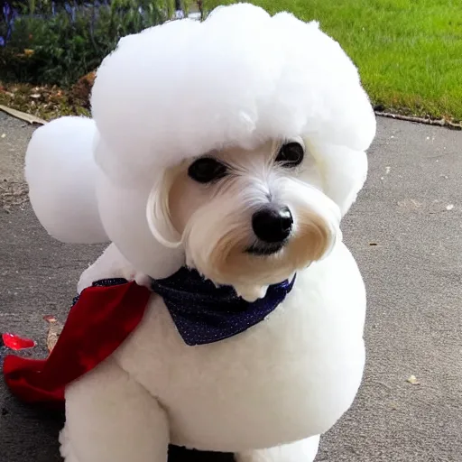 Image similar to a photo of a person wearing a bichon frise costume