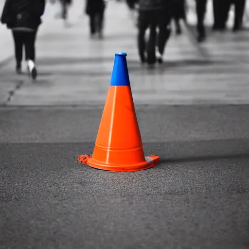 Image similar to a blue traffic cone, 3 5 mm lens, street photography