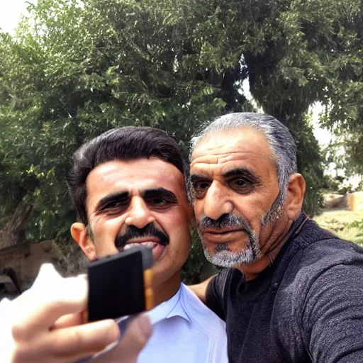 Prompt: my Kurdish dad taking a selfie with the front camera, in the background you can see a chimpanzee wearing male kurdish clothes, 4k uhd photo