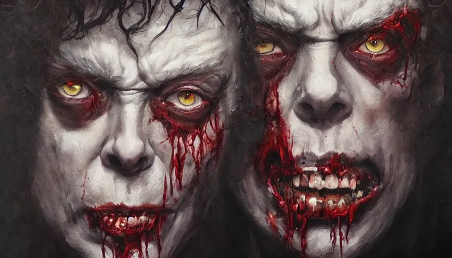 Image similar to A beautiful painting of tim curry as a zombie by greg rutkowski and Kalin Popov , Trending on artstation HD.