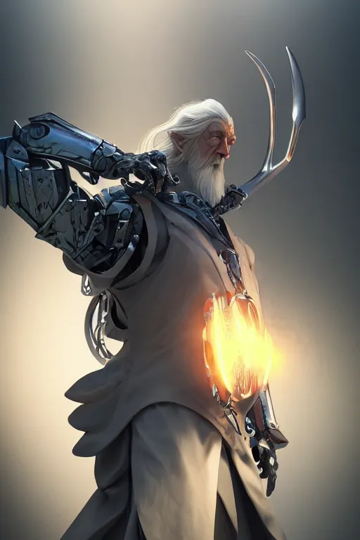 Prompt: a hyperrealistic 3 d render of gandalf as an evil - cyborg - mecha - wizard. by artgerm, wlop and studio ghibli. octane render. dark moody lighting. middle - earth background. intricate beautiful details. trending on deviant art.