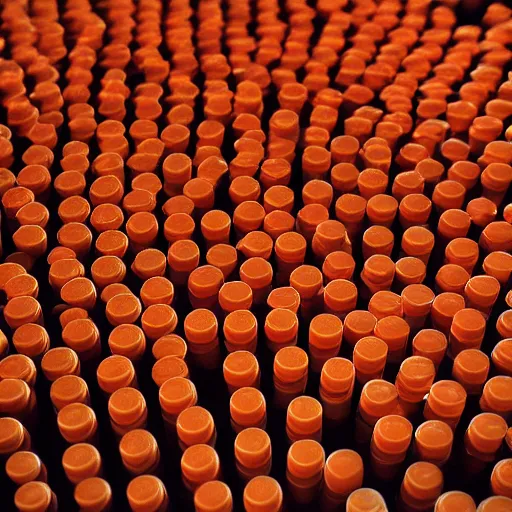 Prompt: 1 0 0 0 0's of orange colored lip balm tubes in giant piles, high detail, shaded, backlit