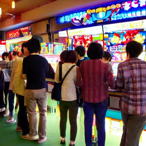 Prompt: a bunch of people at a japanese arcade