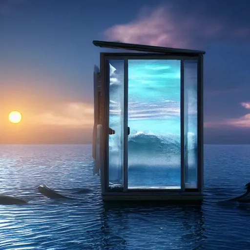 Image similar to a bathroom stall floating in the middle of the ocean, sunset, beautiful, ultra realistic digital art, 4k, cgsociety, HDR, Intricate