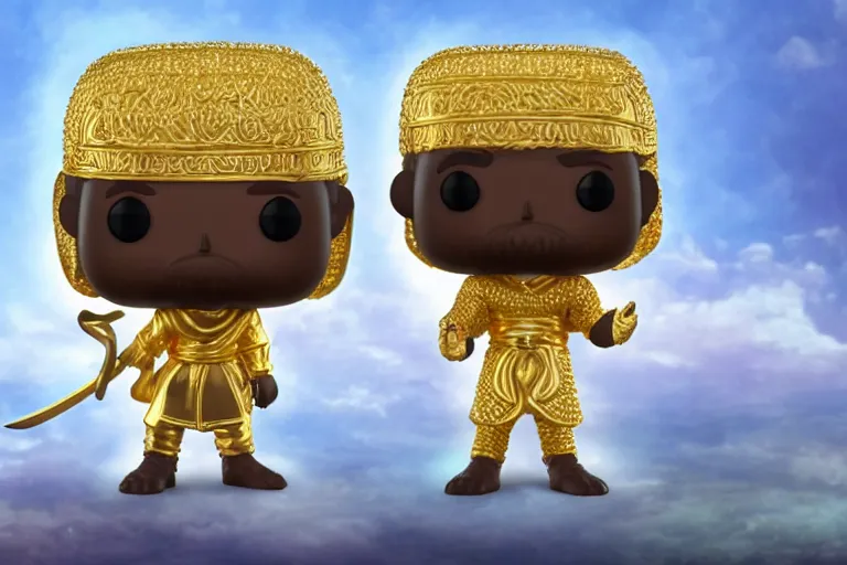 Prompt: an ultra detailed picture of the prophet mohammed as a funko pop, wearing bright gold armor and holding huge flaming longsword blessed by god, epic anime fantasy, 8 k, volumetric lighting, smooth, highly detailed, digital illustration, art by kentaro miura and akira toriyama and albert bierstadt and greg rutkowsi, artstation