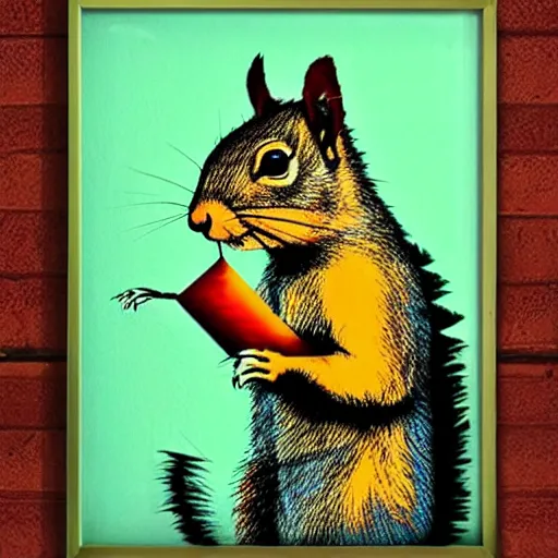 Image similar to Cool looking squirrel with a styled colorful mohican haircut, wall art, by Banksy, masterpiece, award-winning, hyperdetailed, photorealistic