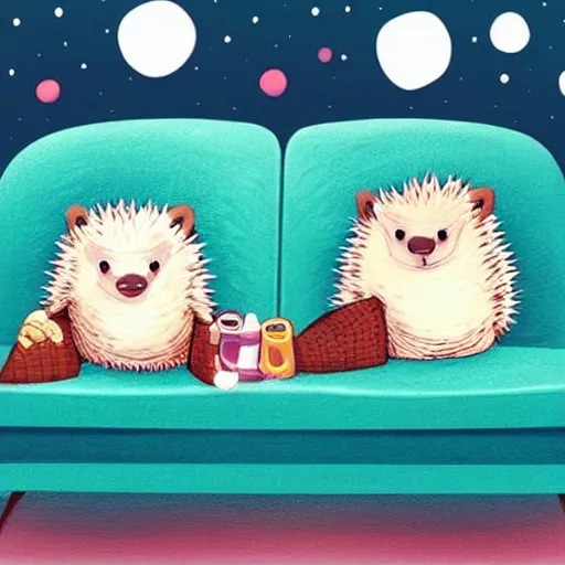 Image similar to two cute adorable hedgehogs, sitting together on a couch, romantic, shy hedgehog, blushing, waving, smiling, cute, hedgehog, by cyril rolando