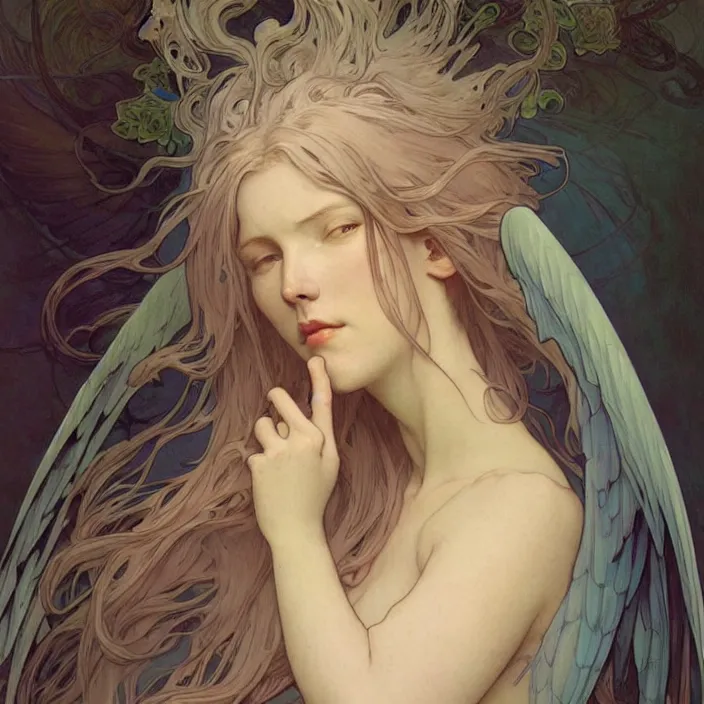 Prompt: A portrait of A beautiful! angel by Ross Tran!!! and alphonse mucha and greg rutkowski! and gustav doré! and Zdzisław Beksiński!,In style of digital art illustration.Symmetry.Highly detailed face.Fantasy,smooth,hyper detailed,sharp focus,Soft light.trending on artstation.4k