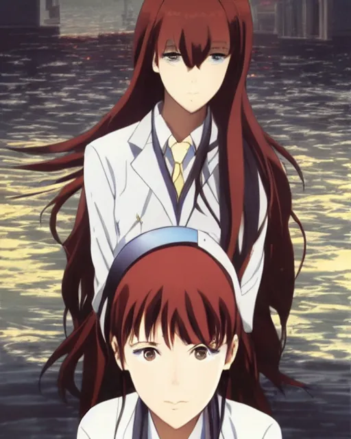 Prompt: makise kurisu, art by makoto shinkai and alan bean, yukito kishiro