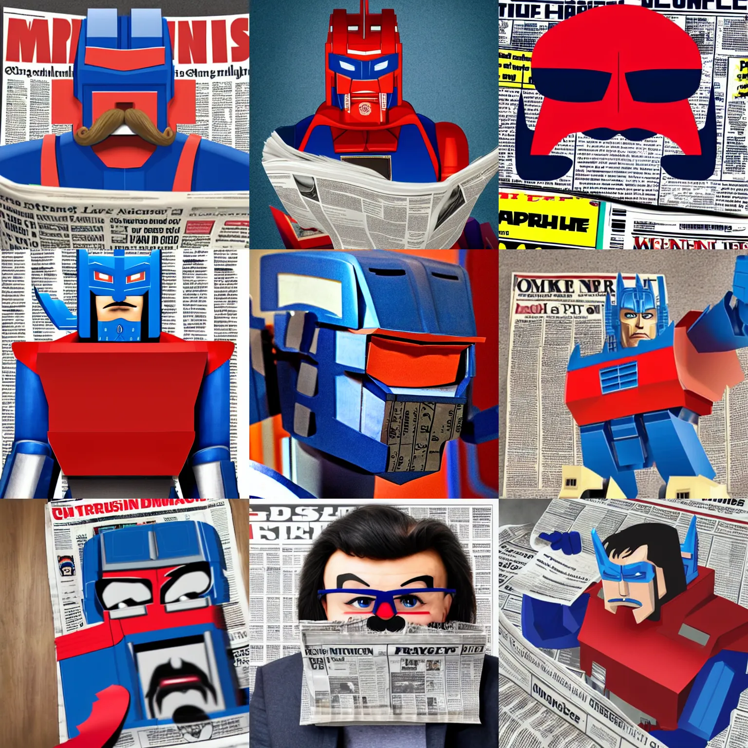 Prompt: optimus prime wearing a fake moustache and glasses hiding behind a newspaper