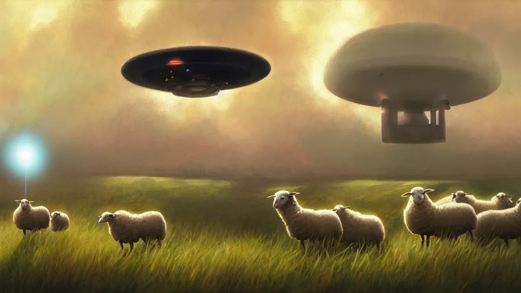Image similar to sheep in a field being abducted by a ufo!, pastel cartoon, highly detailed, digital painting, artstation, concept art, smooth, sharp focus, illustration, art by simon bisley and greg rutkowski and alphonse mucha