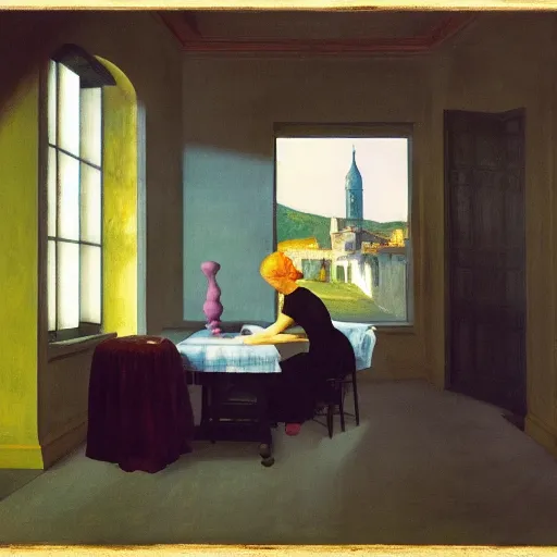 Image similar to a masterpiece, film still by edward hopper, by Pontormo, by klimt, art noveau, highly detailed, strong lights, liminal, eerie, Bright pastel colors