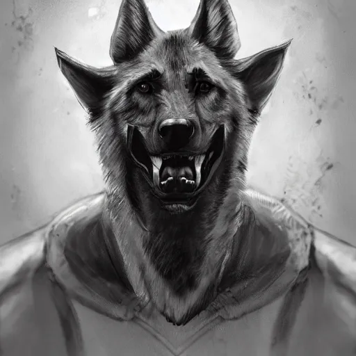 Image similar to a wounded humanoid german shepherd beast - man in military style, his ear has been bitten off, he is healing his wounds, highly detailed portrait, digital painting, artstation, concept art, smooth, sharp foccus ilustration, artstation