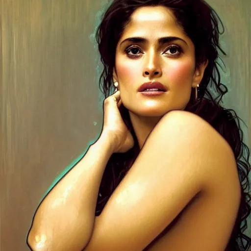 Image similar to salma hayek medium shot portrait by alphonse mucha, perfect proportions, beautiful face, perfect detailed eyes, vivid colrs, elegant, sharp focus, hyper - realistic, 4 k, unreal engine, highly detailed, hd, dramatic lighting by brom