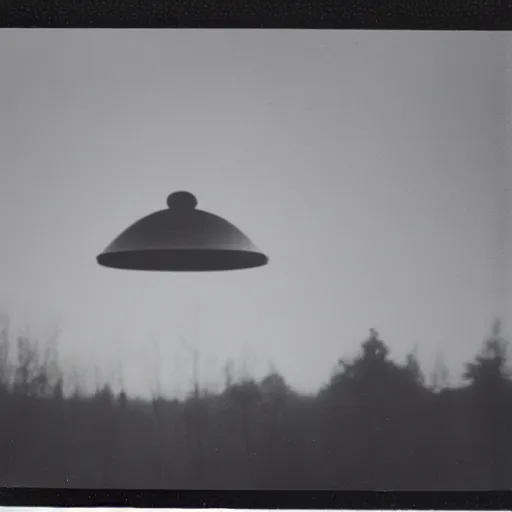 Prompt: old polaroid depicting a ufo, at a clearing, at dawn