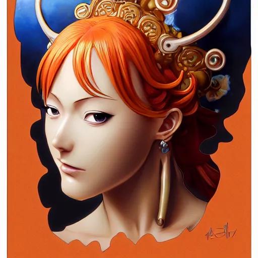 Image similar to intricately detailed vfx portrait of nami from one piece by eiichiro oda!, makoto shinkai, alphonse mucha, art by artgerm and greg rutkowski!, best of behance, concept art, matte, sharp focus, orange hair, adolphe bouguereau, annie leibovitz, stanley kubrick,