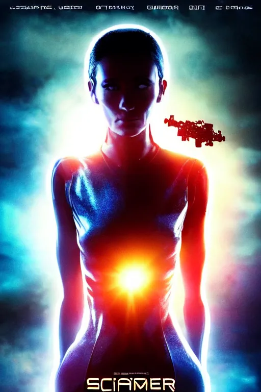 Image similar to a movie poster of the sci - fi movie time runner ( 2 0 1 8 ), starring a black haired woman in a tank top, very detailed face, robots, clouds, mystery