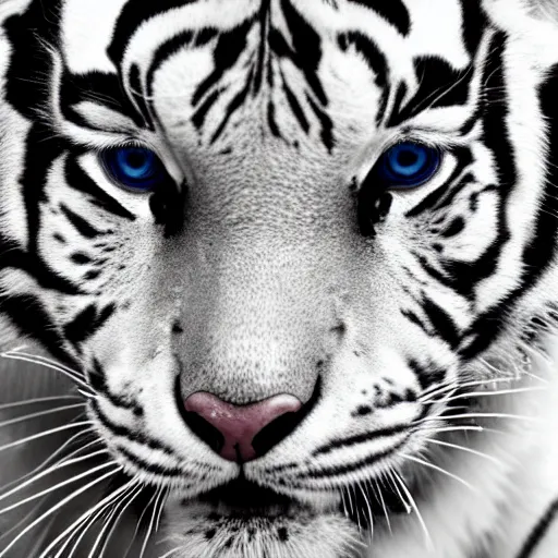 Prompt: realistic close up photo of a white tiger | blue eyes | colorful blue eyes | cinematic photo | cinematic shot | epic | 8k resolution | realistic | hyperrealistic