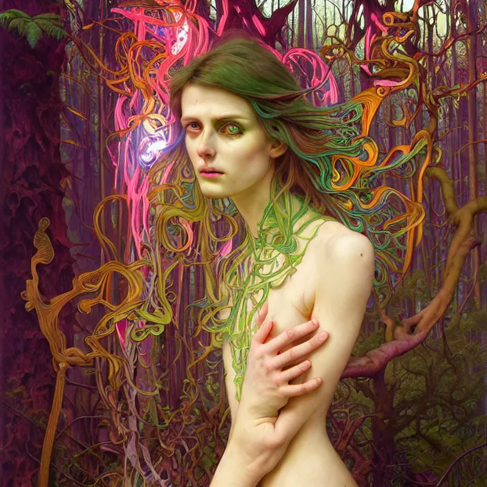 Image similar to bright psychedelic portrait of genius organic cyborg in an ancient forest, diffuse lighting, fantasy, intricate, elegant, highly detailed, lifelike, photorealistic, digital painting, artstation, illustration, concept art, smooth, sharp focus, art by John Collier and Albert Aublet and Krenz Cushart and Artem Demura and Alphonse Mucha