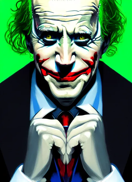 Image similar to portrait of joe biden as the joker, green hair, intricate, elegant, glowing lights, highly detailed, digital painting, artstation, concept art, sharp focus, illustration, art by wlop, mars ravelo and greg rutkowski