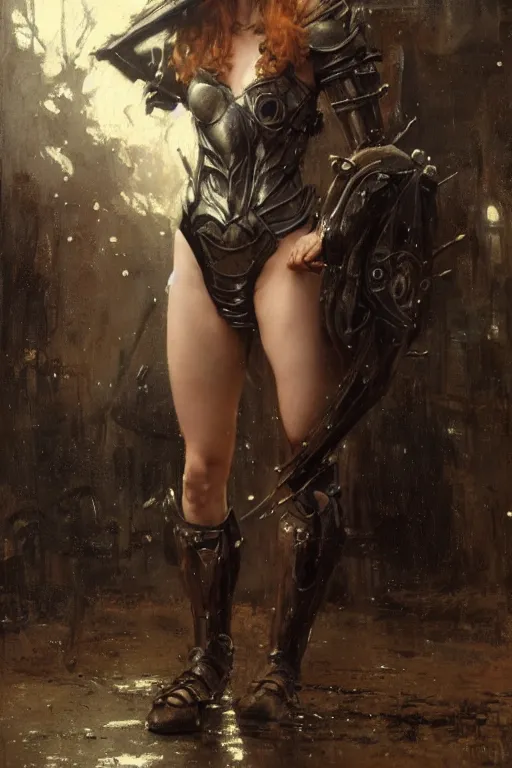 Image similar to muscular redhead young woman wearing black medieval armour, bare legs, detailed, by gaston bussiere, bayard wu, greg rutkowski, giger, maxim verehin, greg rutkowski, masterpiece, sharp focus, cinematic lightning