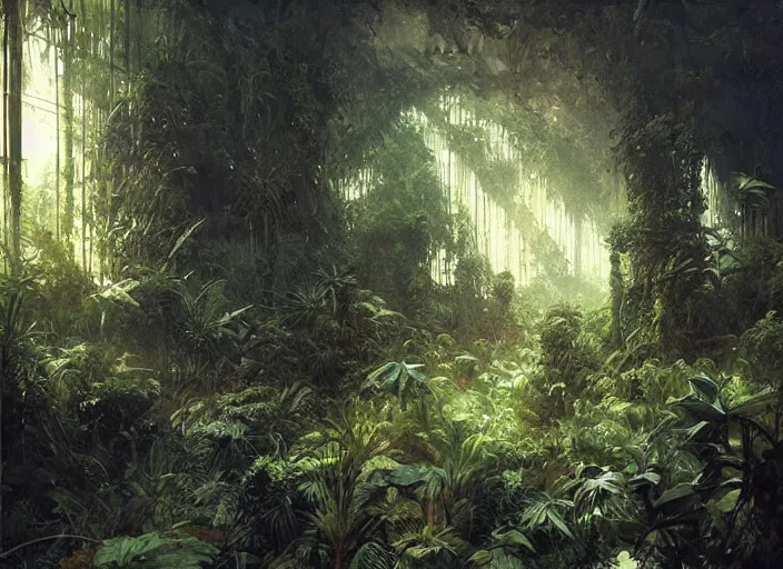 Image similar to interior shot of a lush jungle, an overgrown City can be seen far in the distance, masterpiece, painterly, art by artem demura, emotion, fantasy art,