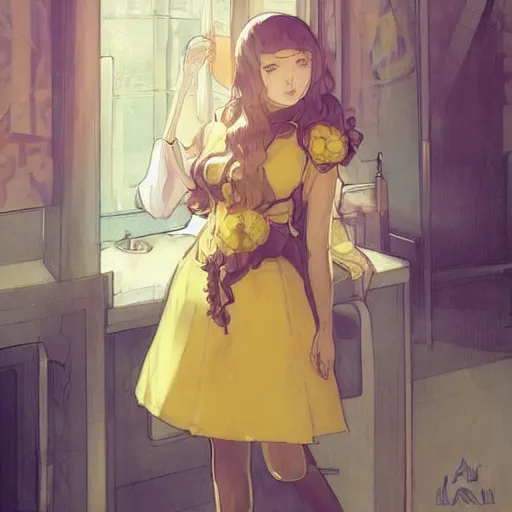 Prompt: A girl in a maid's outfit in a cafe a afternoon, wavy hair yellow theme,S line,45 angel by krenz cushart and mucha and greg rutkowski ,nier:automata inspired-H764
