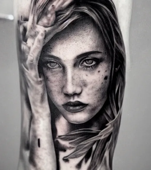 Image similar to a beautiful girl portrait, faded mountain background, realism tattoo, in the style of den yakovlev, black and white, hyper realistic, highly detailed