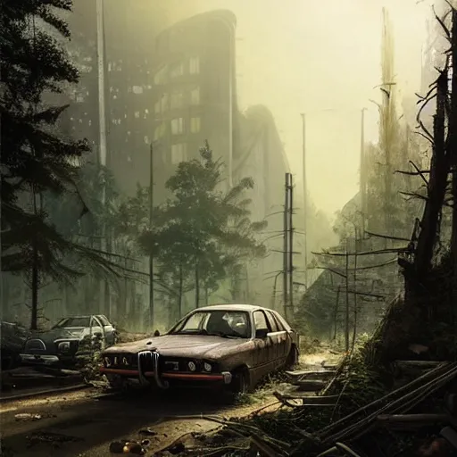 Image similar to postapocalyptic city of munich!!!, wild forest!!! vegetation!!!, small rubble!!, rusty bmw cars!!, hyperrealistic, highly detailed, cinematic, sunny foggy light, beautiful, cgssociety, artstation, 8 k, oil painting by greg rutkowski, by artgerm, by wlop