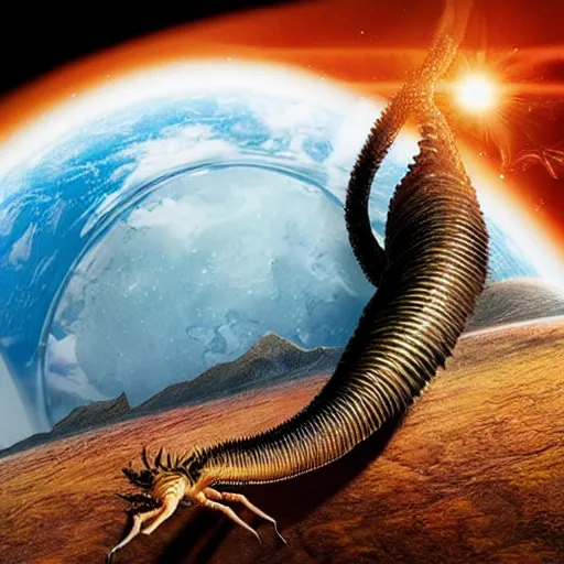 Image similar to steve buscemi as a giant space centipede eating a planet, 4k, cinematic, uncanny, highly detailed, ultra realism, compositing, postprocessing,