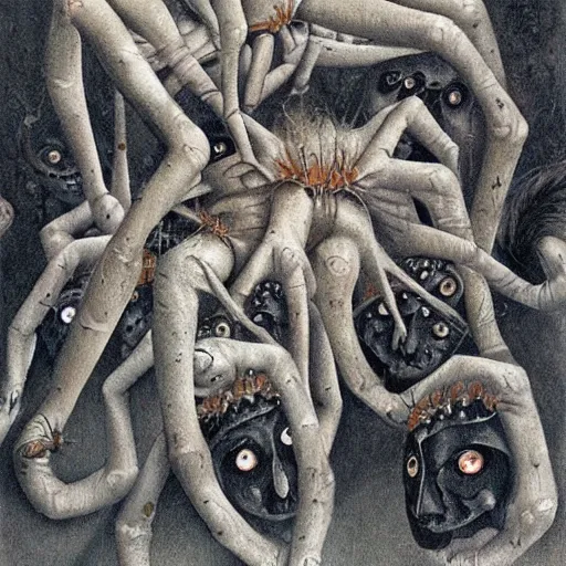 Image similar to spiders who sing and dance like children, by Hannah Hoch, by M.C.Escher, by Santiago Caruso, oil on canvas, beautiful, eerie, surreal, psychedelic