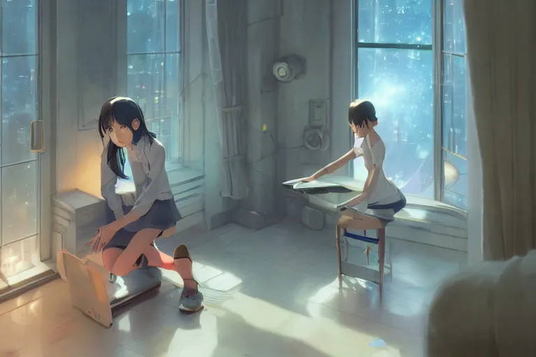 Image similar to girl helping a robot learn to read, scenic full shot, ambient lighting, detailed face, by makoto shinkai, stanley artgerm lau, wlop, rossdraws