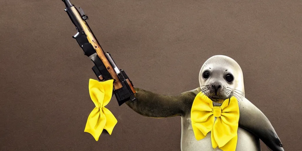 Prompt: a seal with a yellow bow tie holding a rifle and a severed hand